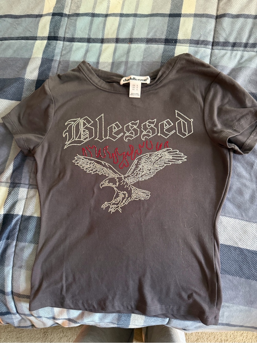 Charlotte Russe Brown Short-Sleeve 'Blessed' Graphic Tee with Rhinestone Eagle